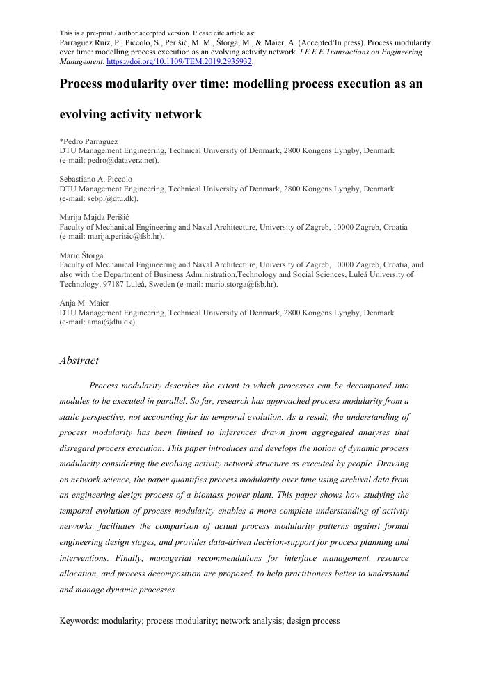 First page: Process modularity over time: modelling process execution as an evolving activity network